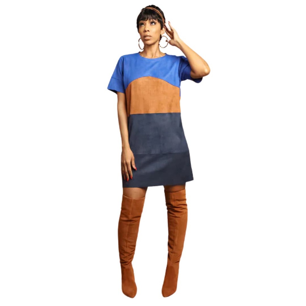 Modern Vintage Faux Suede Color Block Dress Short Sleeve Blue Size Small